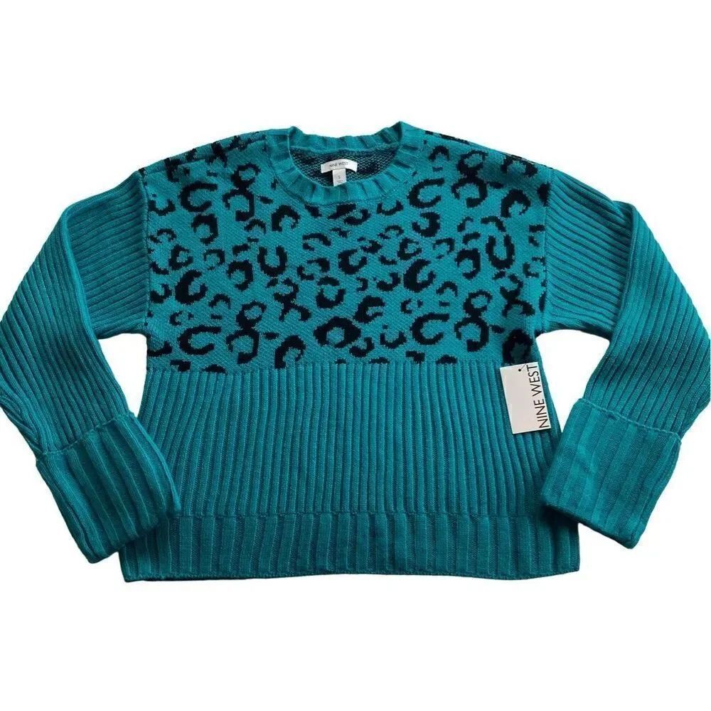 NINE WEST Women’s SMALL Teal Cheetah Rib Crewneck Sweater